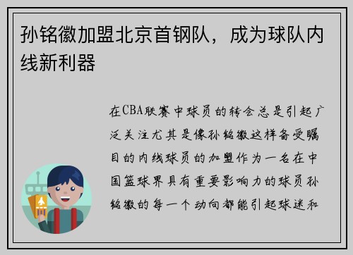 孙铭徽加盟北京首钢队，成为球队内线新利器