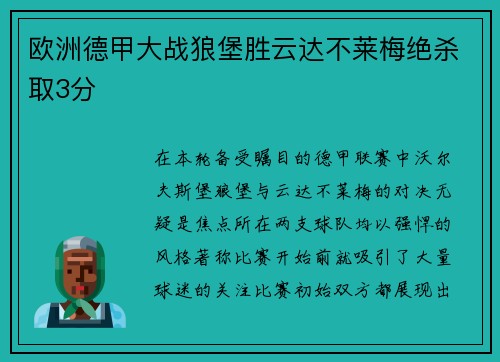 欧洲德甲大战狼堡胜云达不莱梅绝杀取3分